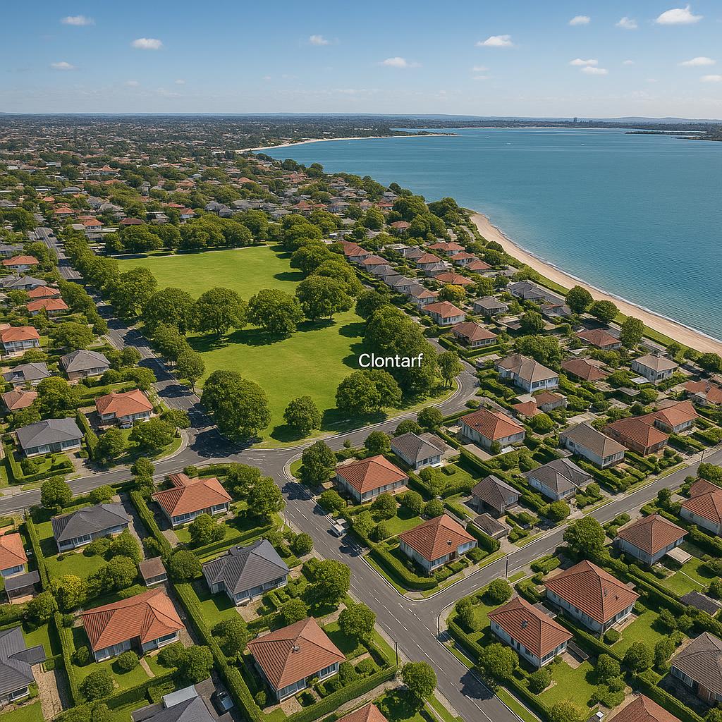 Aerial view of Clontarf, Queensland showing housing and green areas.