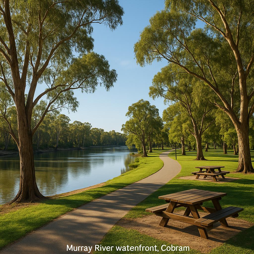 Waterfront view of Murray River in Cobram, with walking paths and green surroundings.