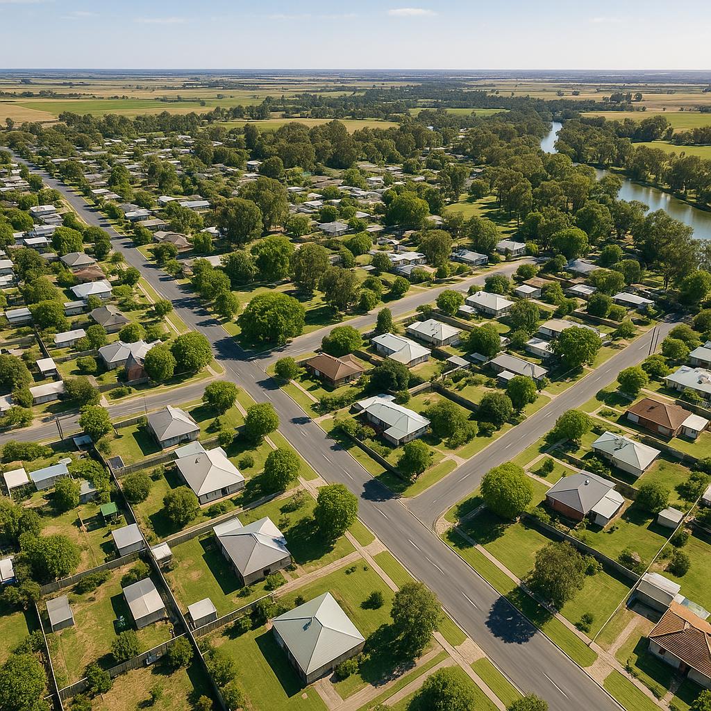 Aerial view of Cohuna suburb with green parks and houses