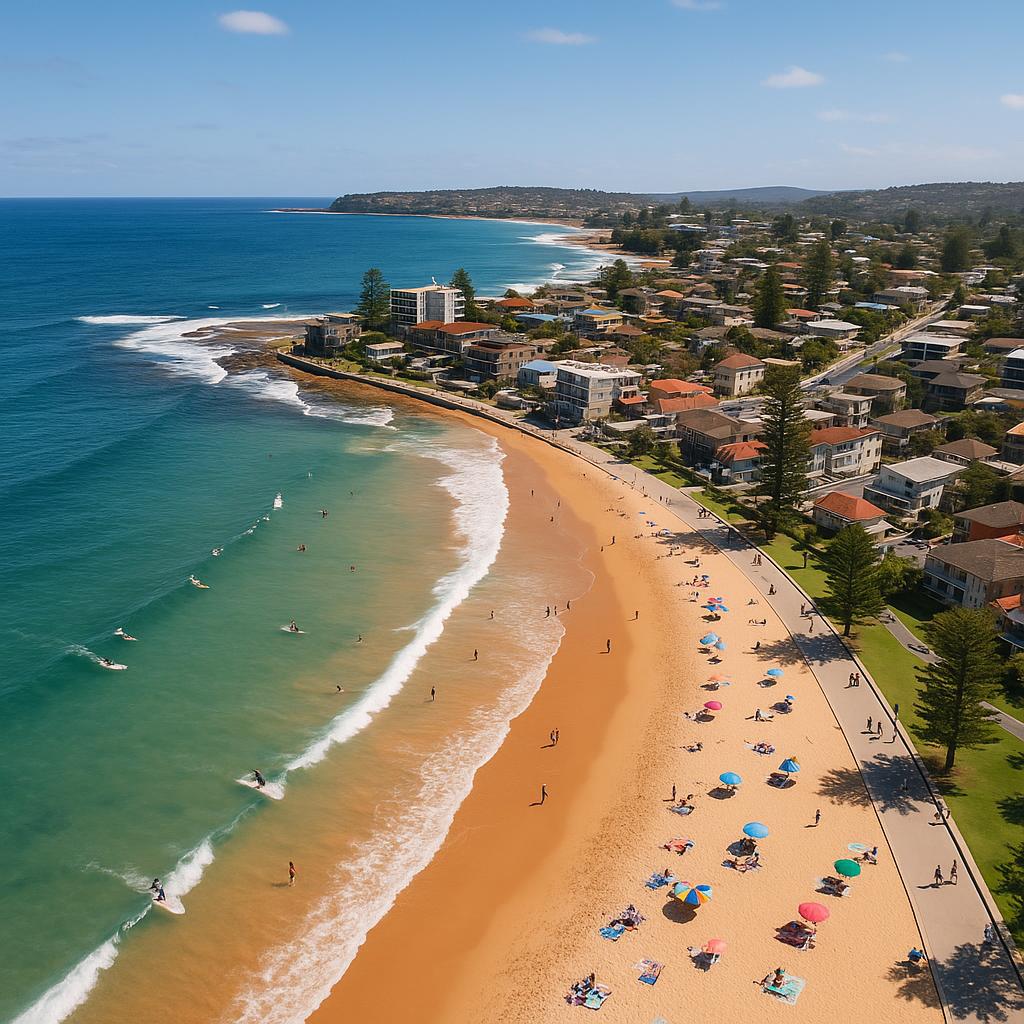 Aerial view of Collaroy Beach with surfers and sunbathers