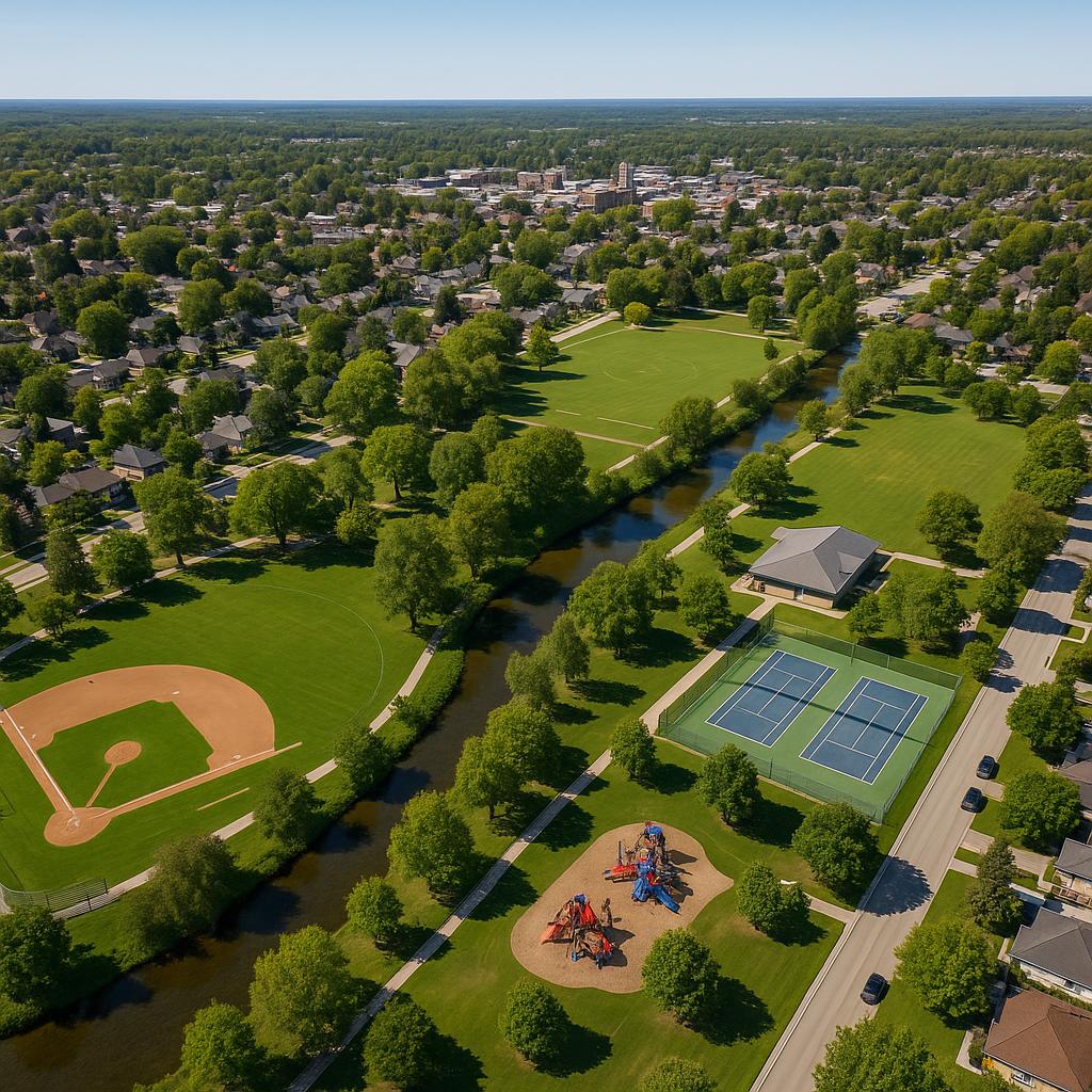 Aerial view of Collingwood with parks and trails