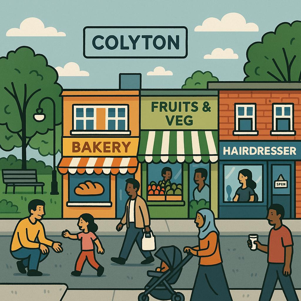 Vibrant Colyton street with shops and greenery