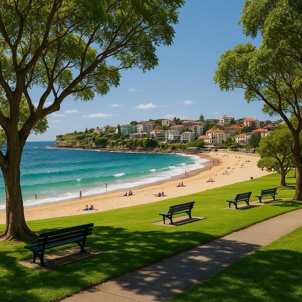 A scenic view of Coogee Beach surrounded by local parks and families.