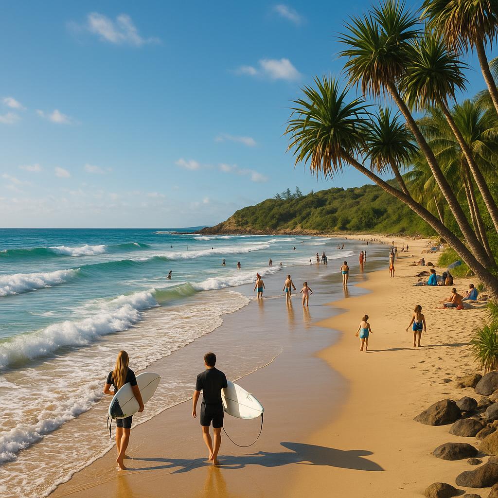 Spectacular view of Coolum Beach with surfers and families