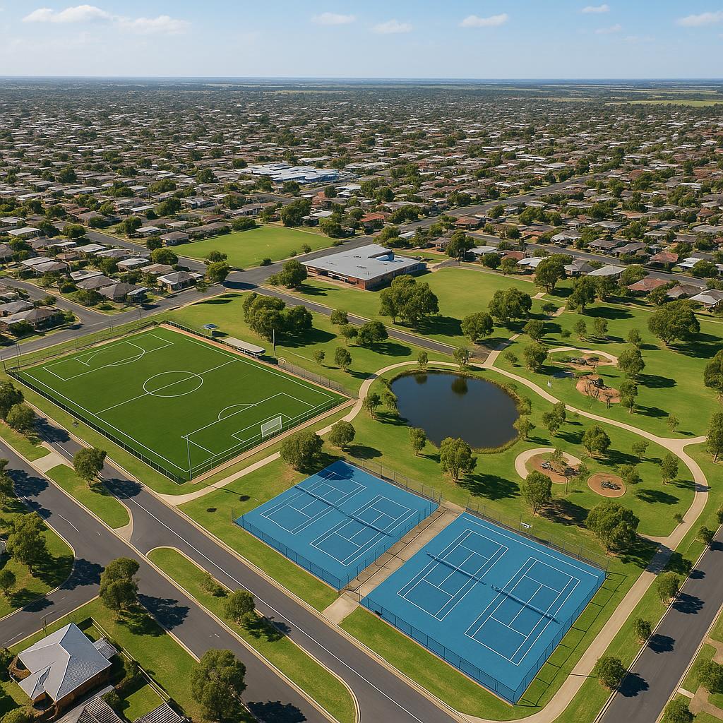 Aerial view of Corio suburb featuring parks and community facilities