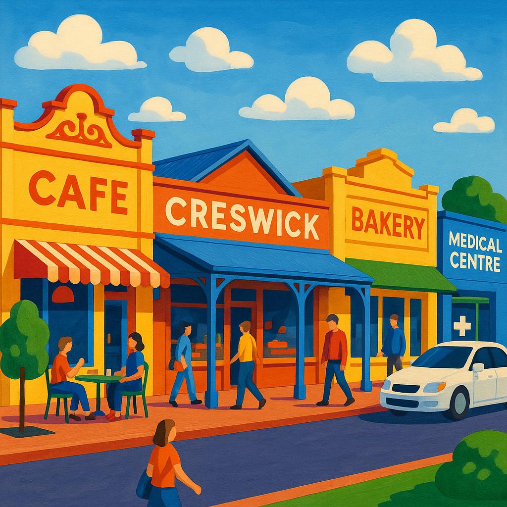 Bustling Creswick streetscape with shops and healthcare facilities