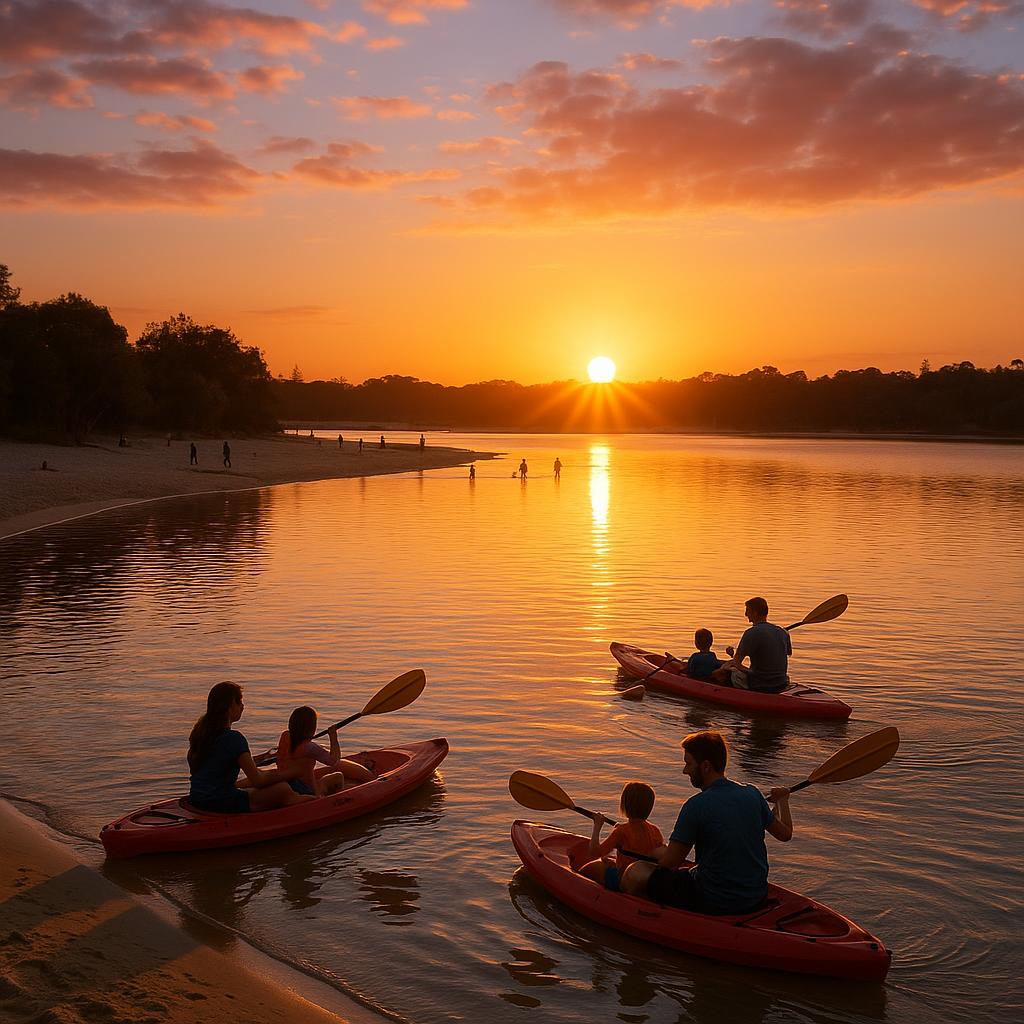 Families kayaking at Currimundi Lake at sunset