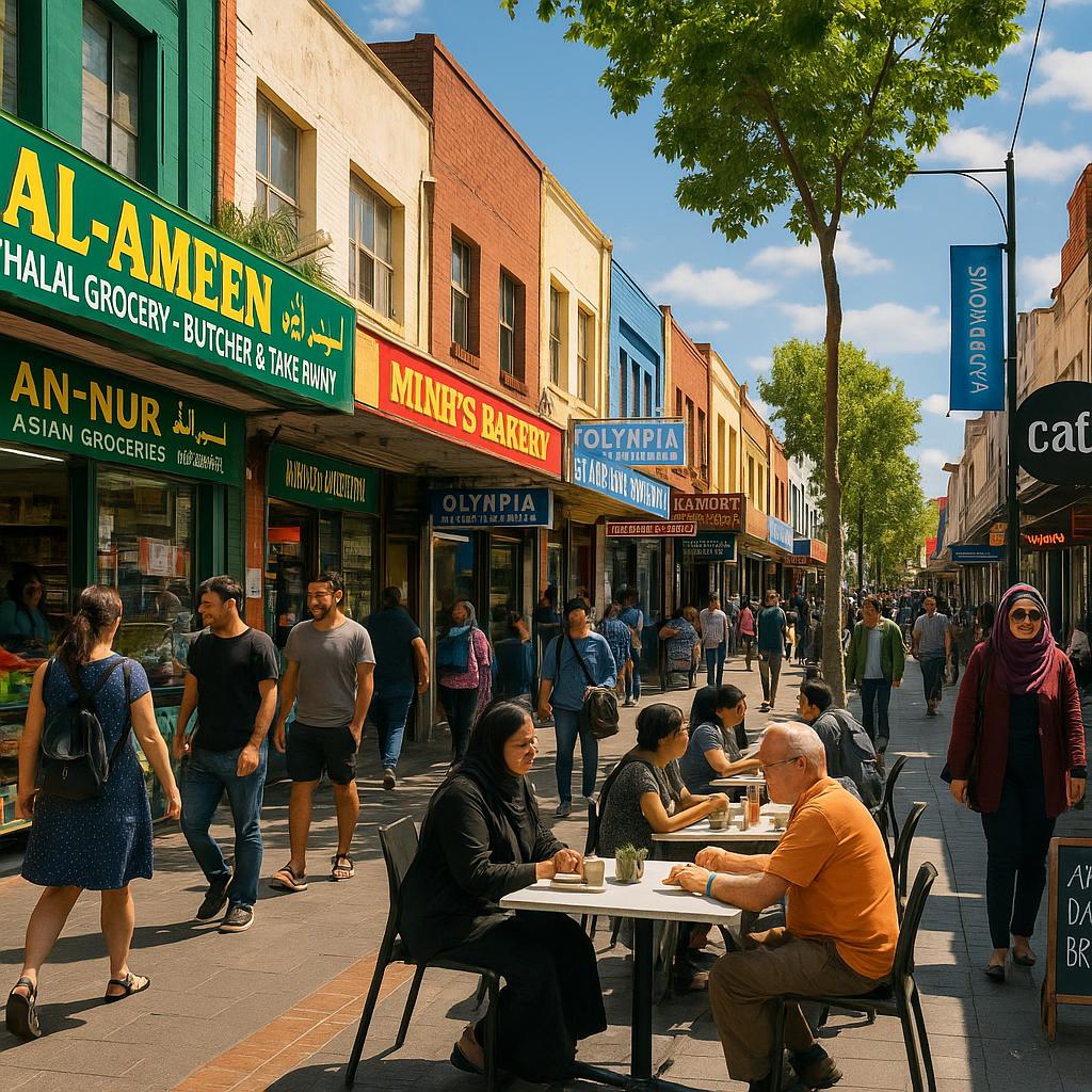 Vibrant Dandenong main street with multicultural shops