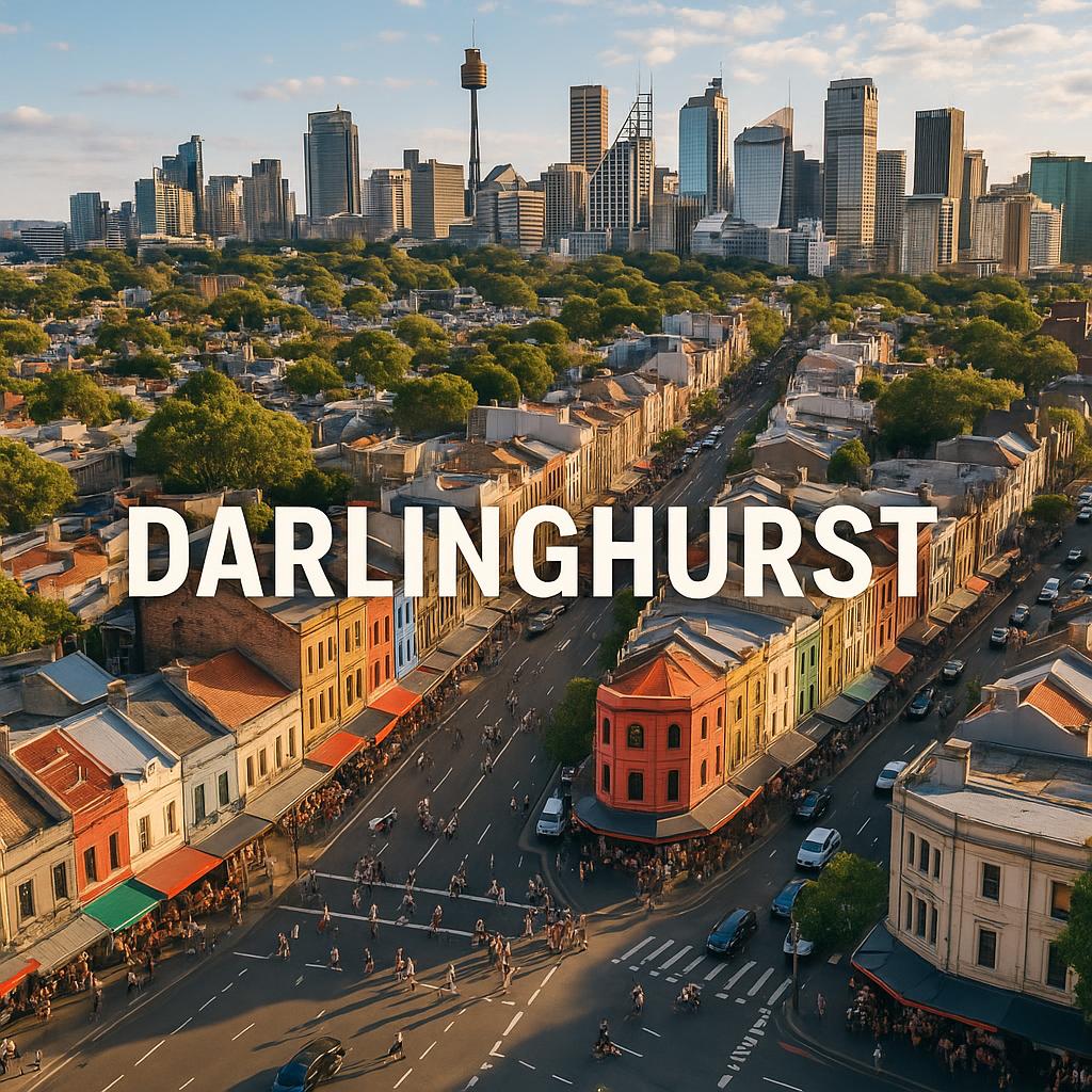Vibrant aerial view of Darlinghurst showcasing city skyline