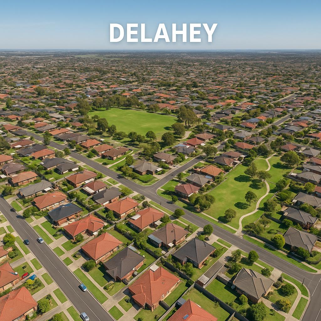 Aerial view of Delahey suburb with green parks