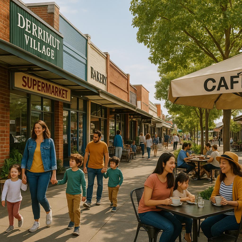 Derrimut village shopping strip with families