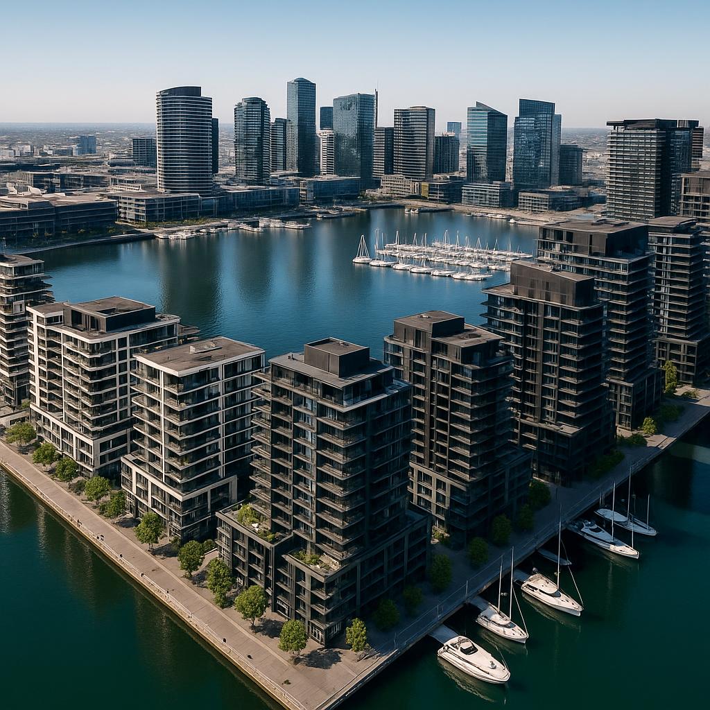 Aerial view of Docklands waterfront with modern apartments
