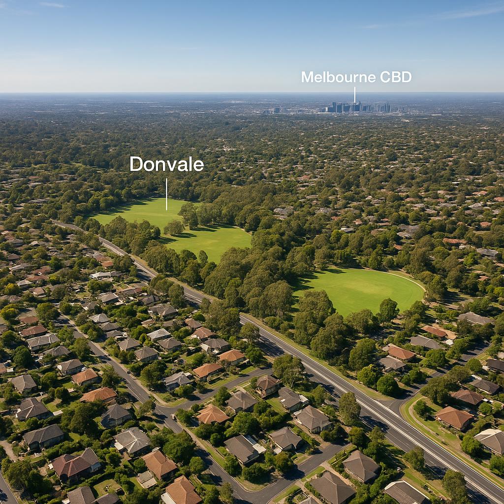 Aerial view of Donvale suburb and parks.