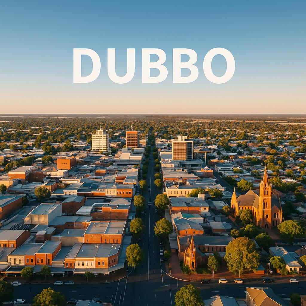 Aerial view of Dubbo, showcasing local architecture and parks