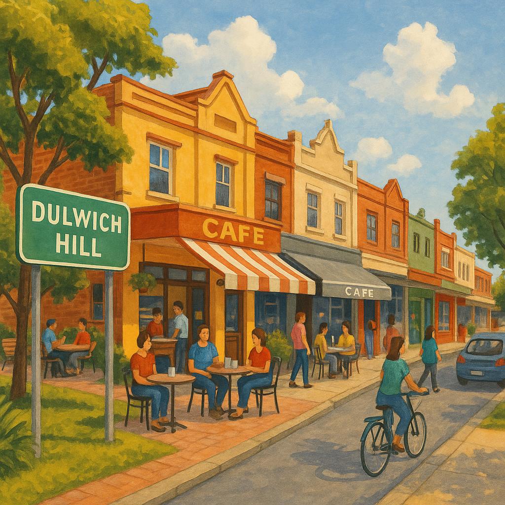 Street view of Dulwich Hill with cafes and greenery.