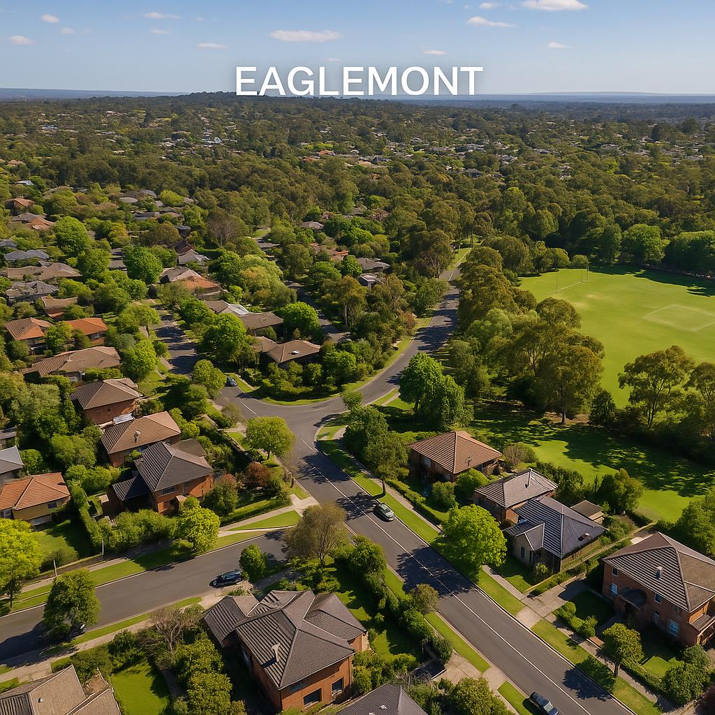 Scenic overview of Eaglemont with suburban homes and parks.