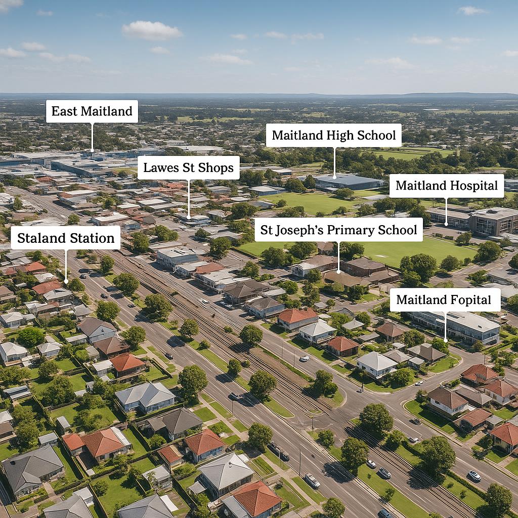 Aerial view of East Maitland with parks and schools