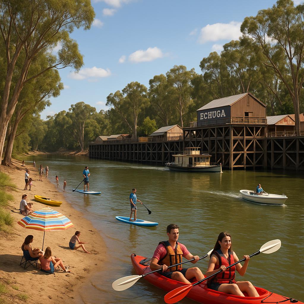 Echuca waterfront with people walking and enjoying outdoor activities.