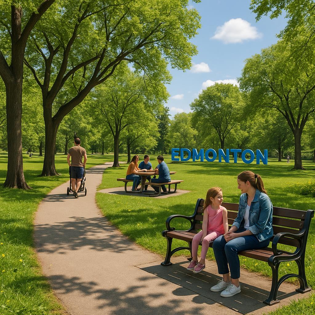 Petersen Park in Edmonton with families and individuals enjoying nature