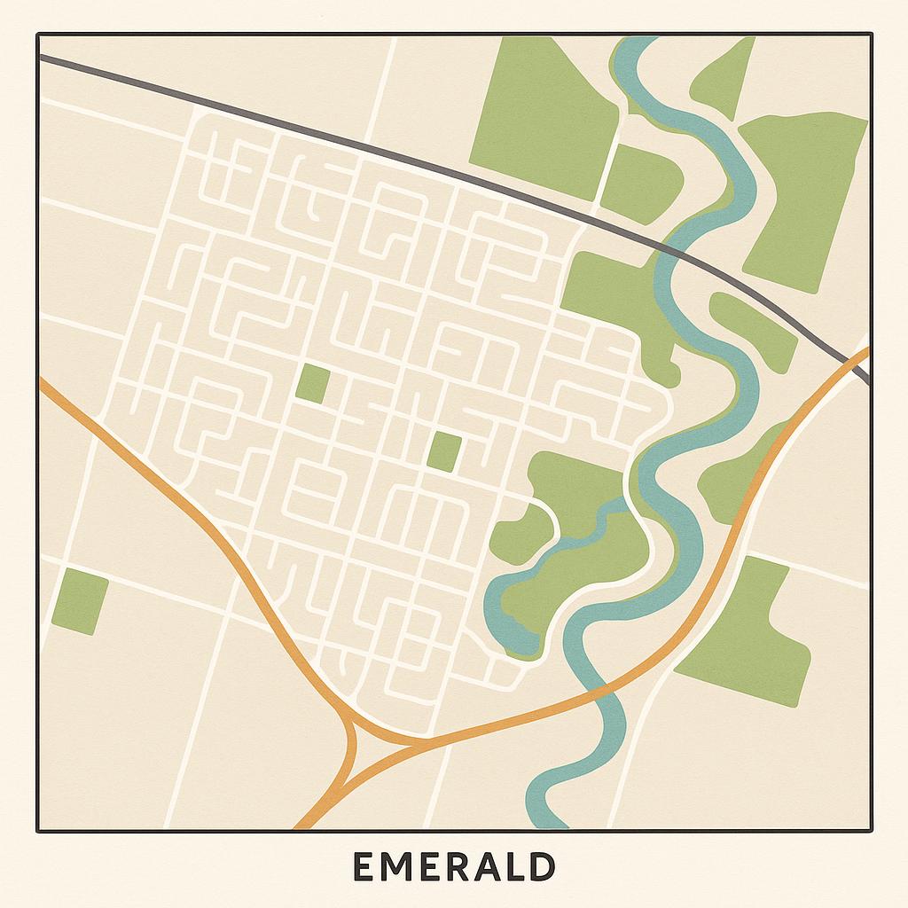 Aerial view of Emerald suburb highlighting roads and parks