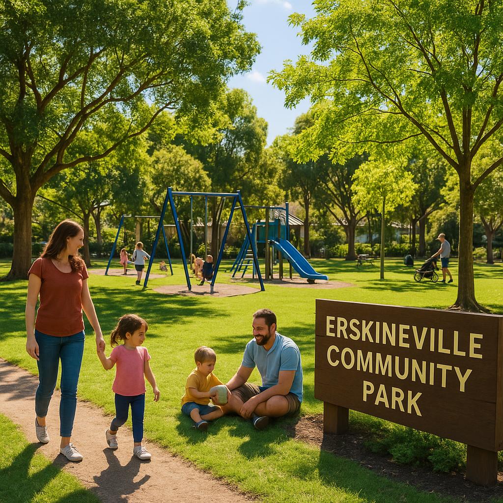 A sunny park in Erskineville with families enjoying outdoor activities