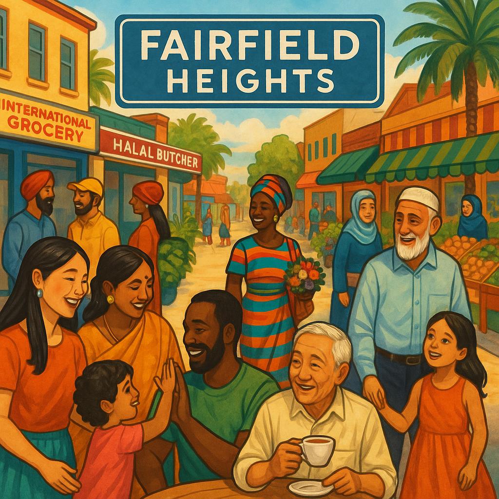 Community scene in Fairfield Heights featuring diverse culture and retail.