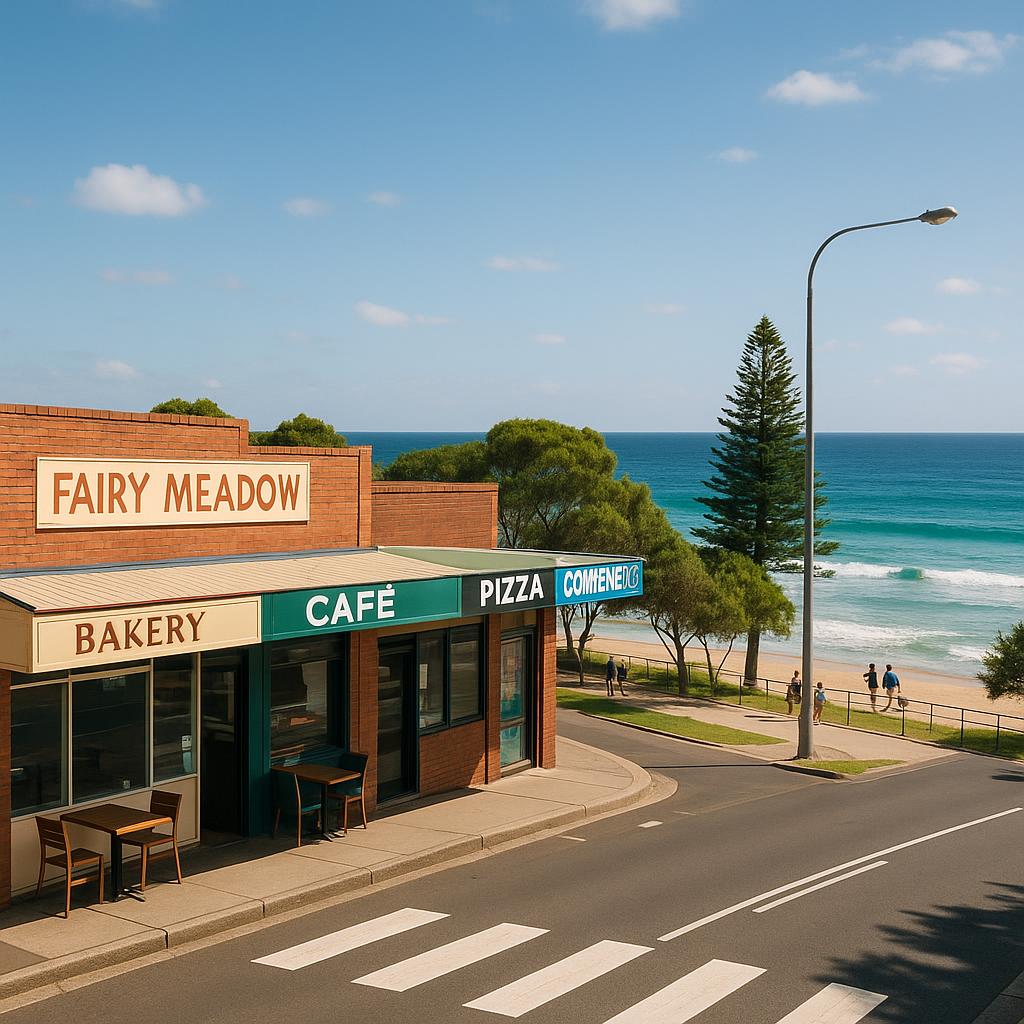 Fairy Meadow beach with shops and ocean view