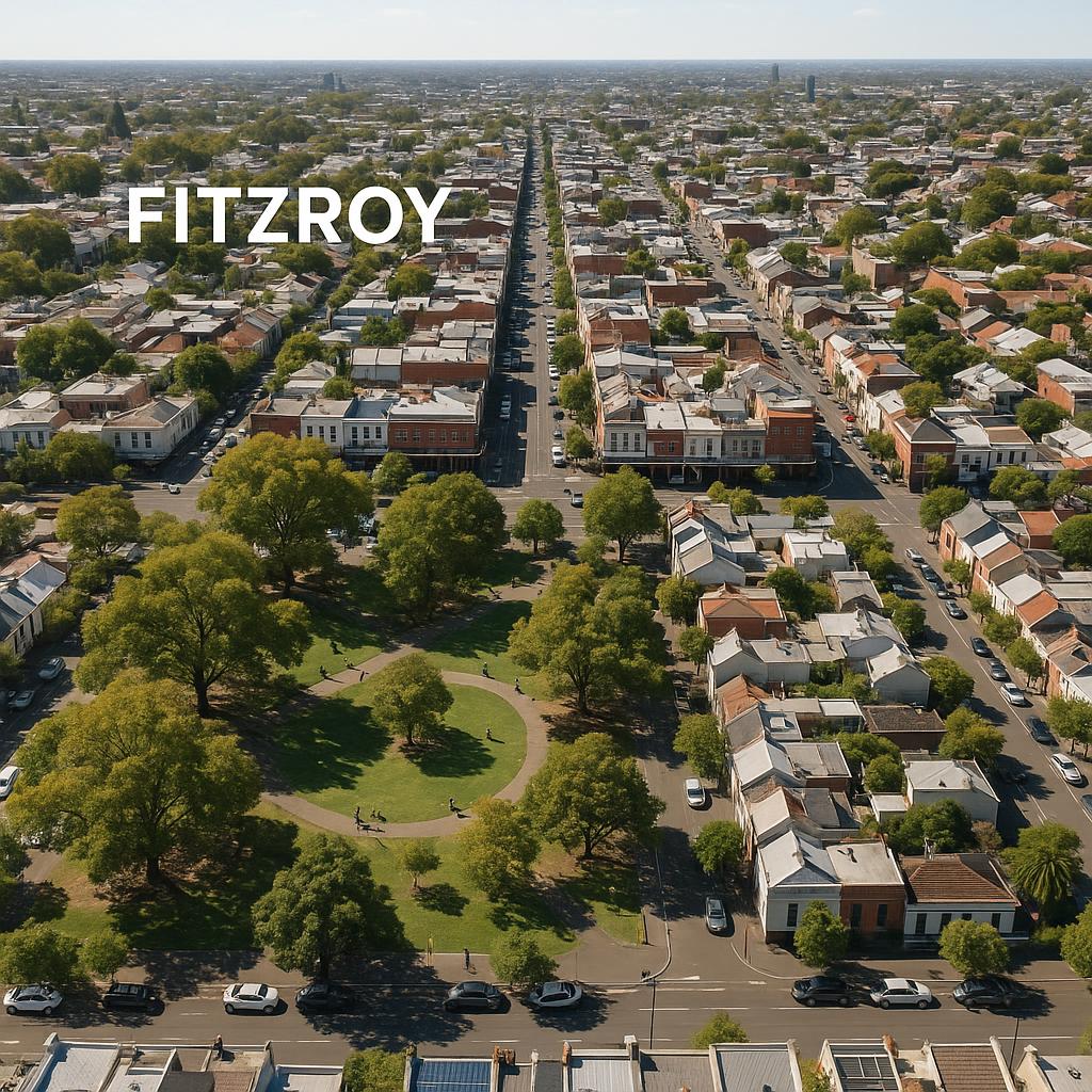 Aerial view of Fitzroy showcasing its unique blend of green spaces and urban life.