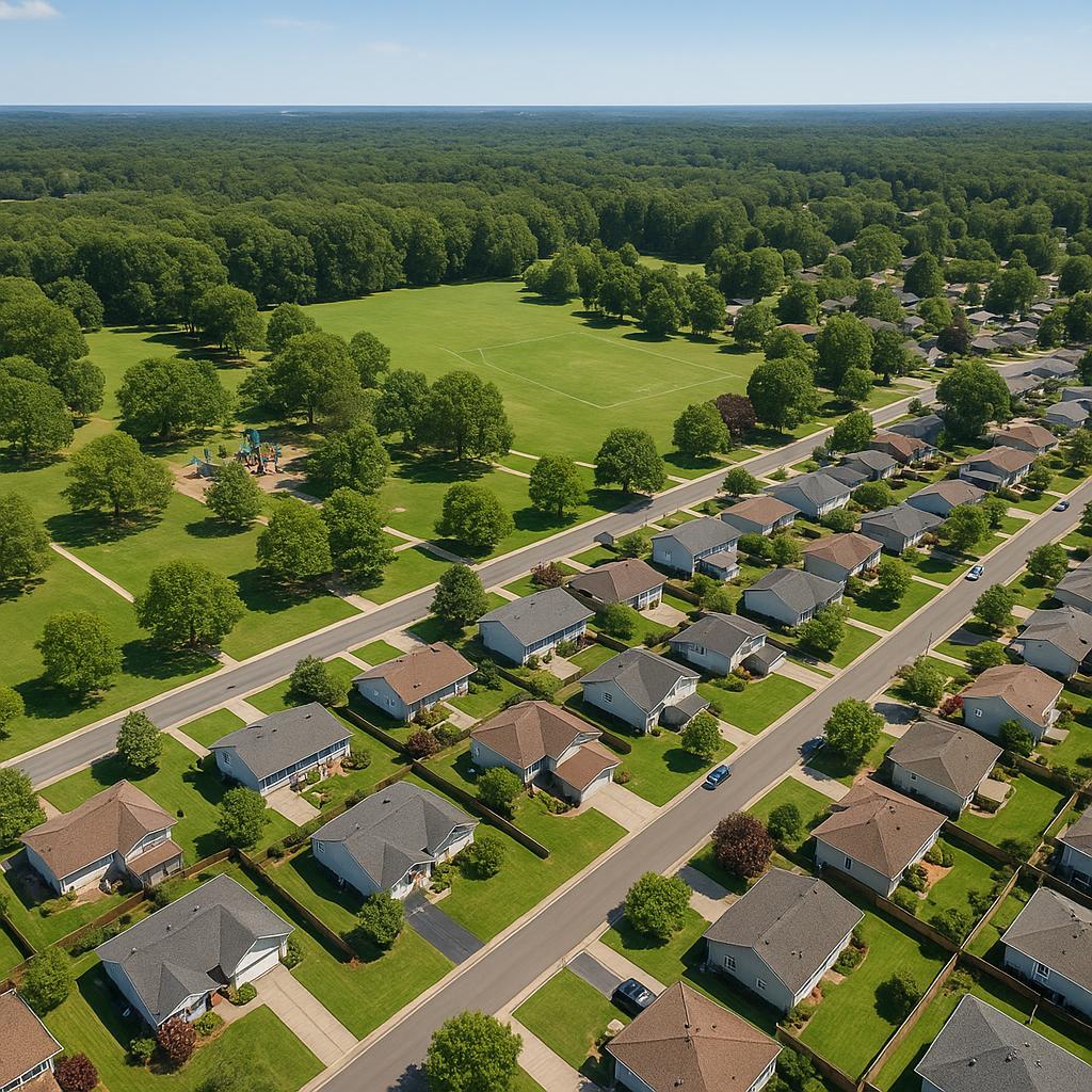 Aerial view of Forestville with parks and homes