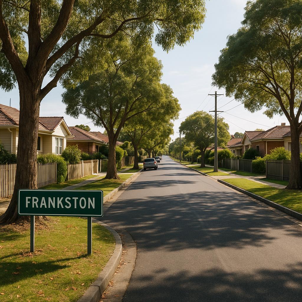 A picturesque Frankston street with trees and homes.