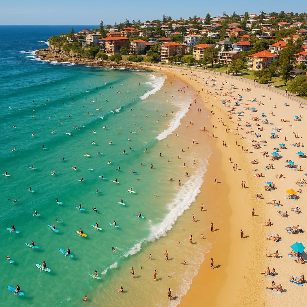Vibrant aerial view of Freshwater Beach with people enjoying the sun