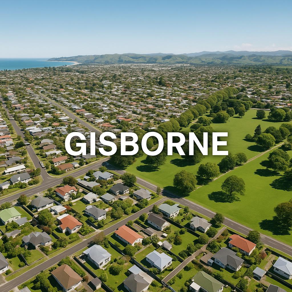 Aerial view of Gisborne depicting its residential charm and greenery.