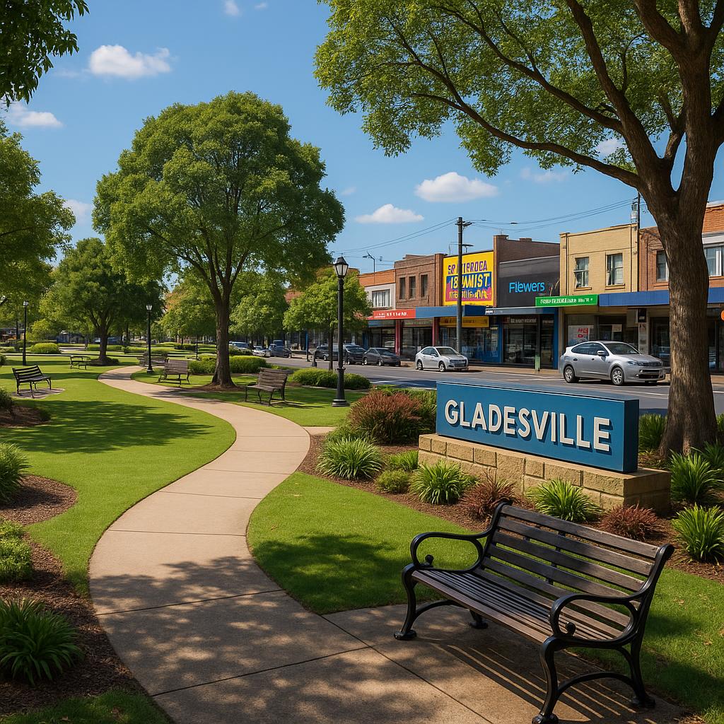 A vibrant scene of Gladesville showcasing parks and shops