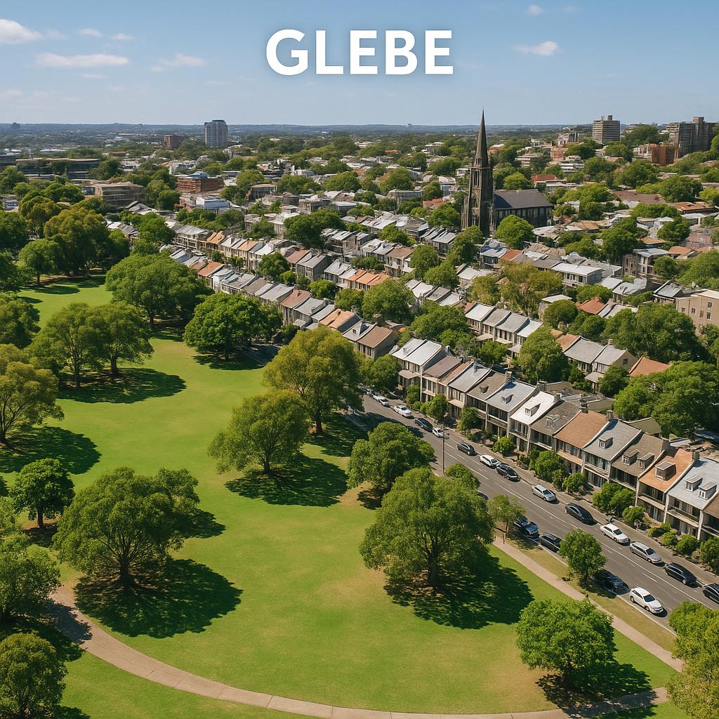 Aerial view of Glebe with parks and residential areas
