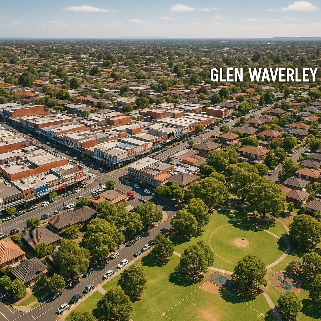 Aerial view of Glen Waverley, highlighting community shops and parks