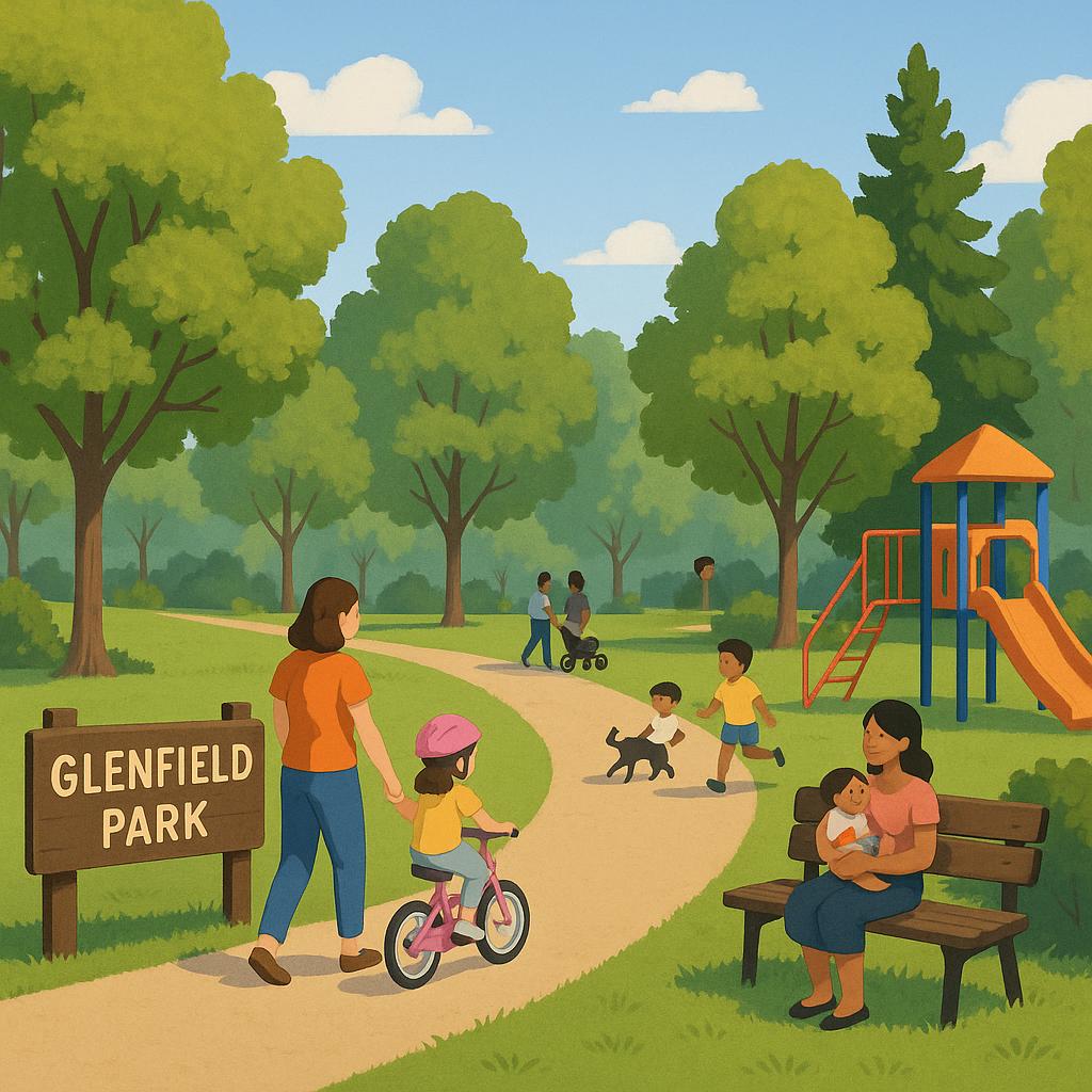 A park in Glenfield with families enjoying recreational activities