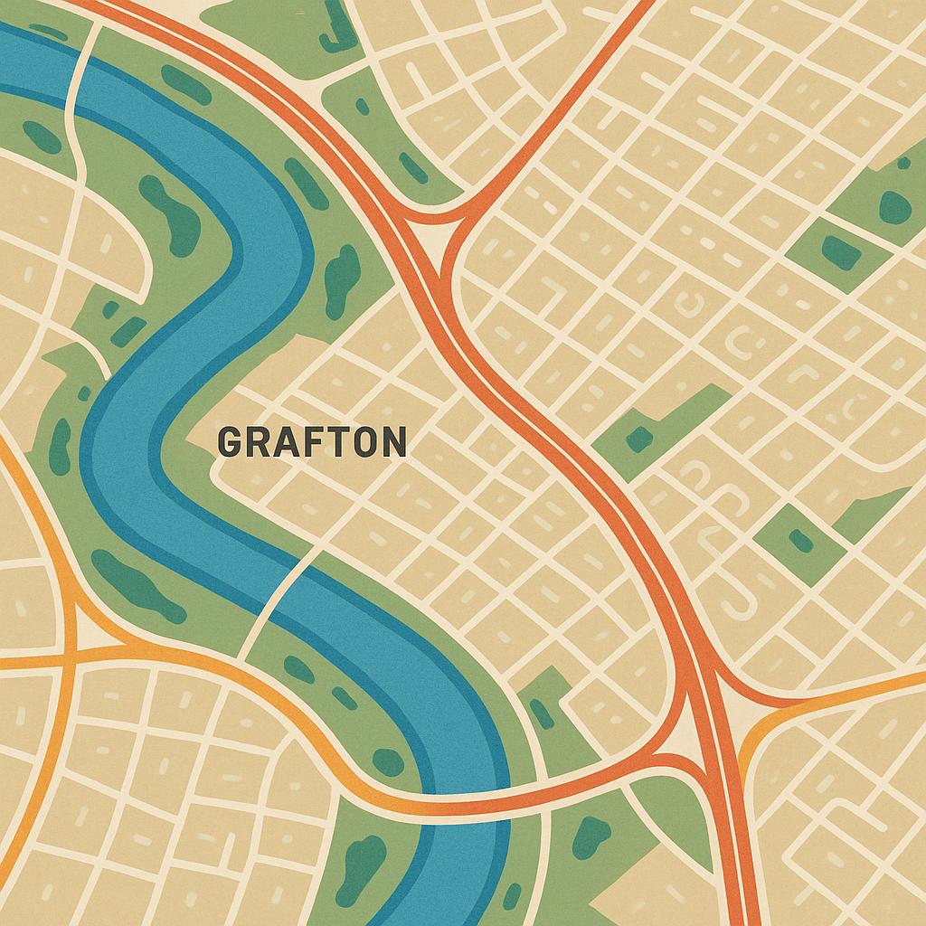 Aerial view showcasing Grafton's transport options and suburban layout