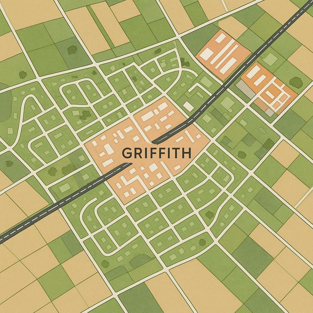 Aerial view of Griffith highlighting transport links