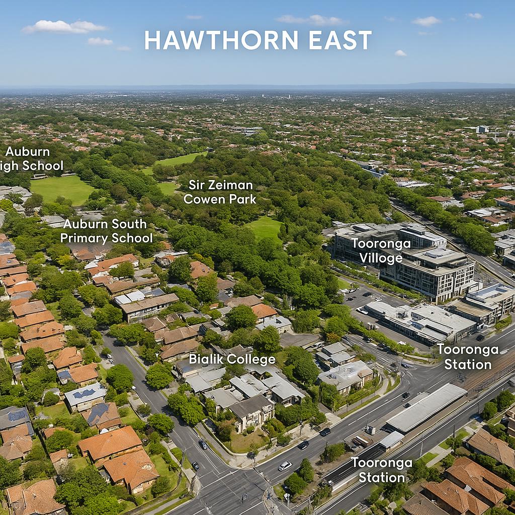 Aerial view of Hawthorn East, Melbourne, showcasing green spaces and residential areas.