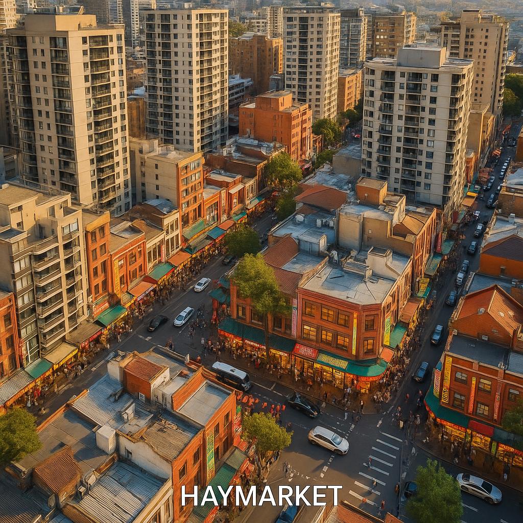 Aerial view of Haymarket, Sydney, showing cultural vibrancy and density.