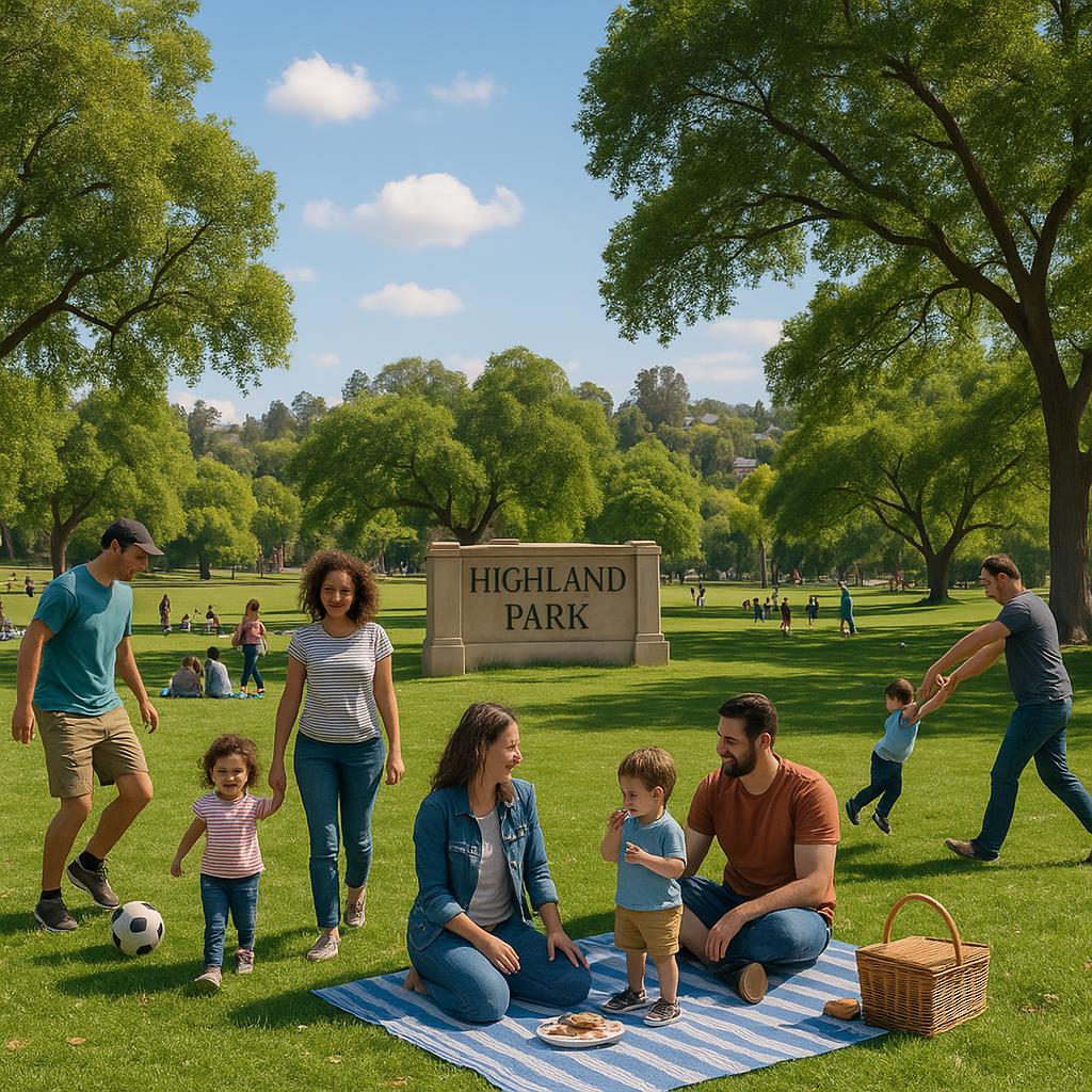Families enjoying outdoor activities in Highland Park