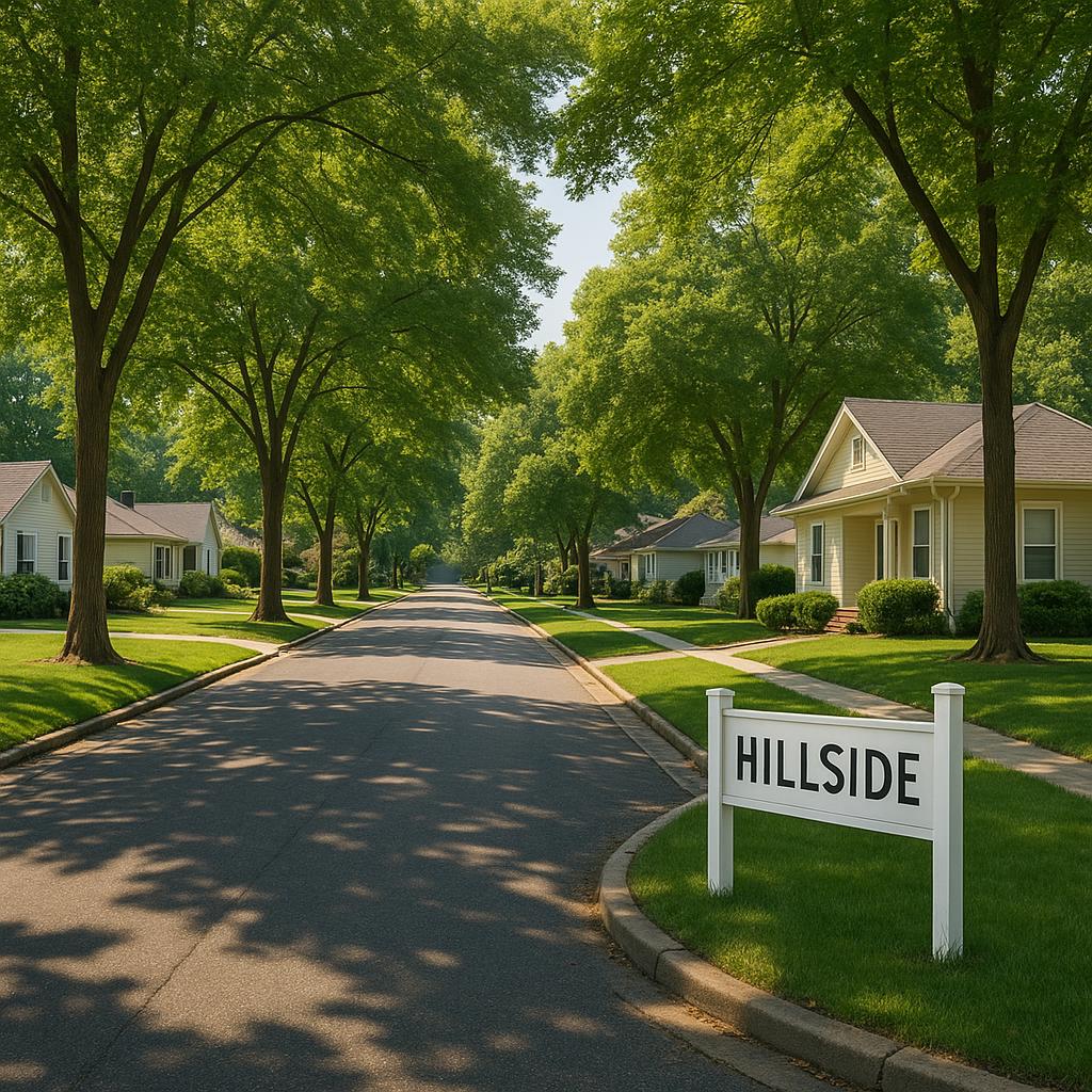 Quiet suburban street in Hillside with trees
