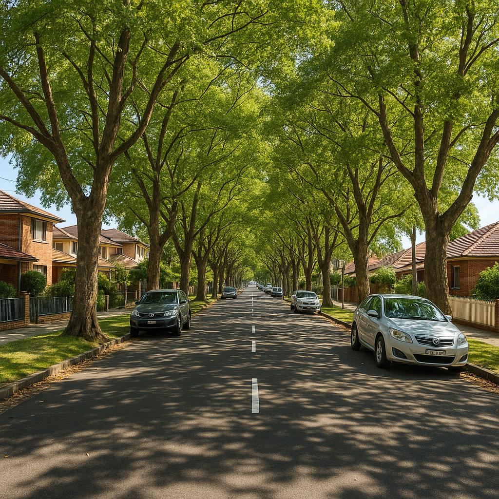 A family-friendly street in Homebush West filled with trees
