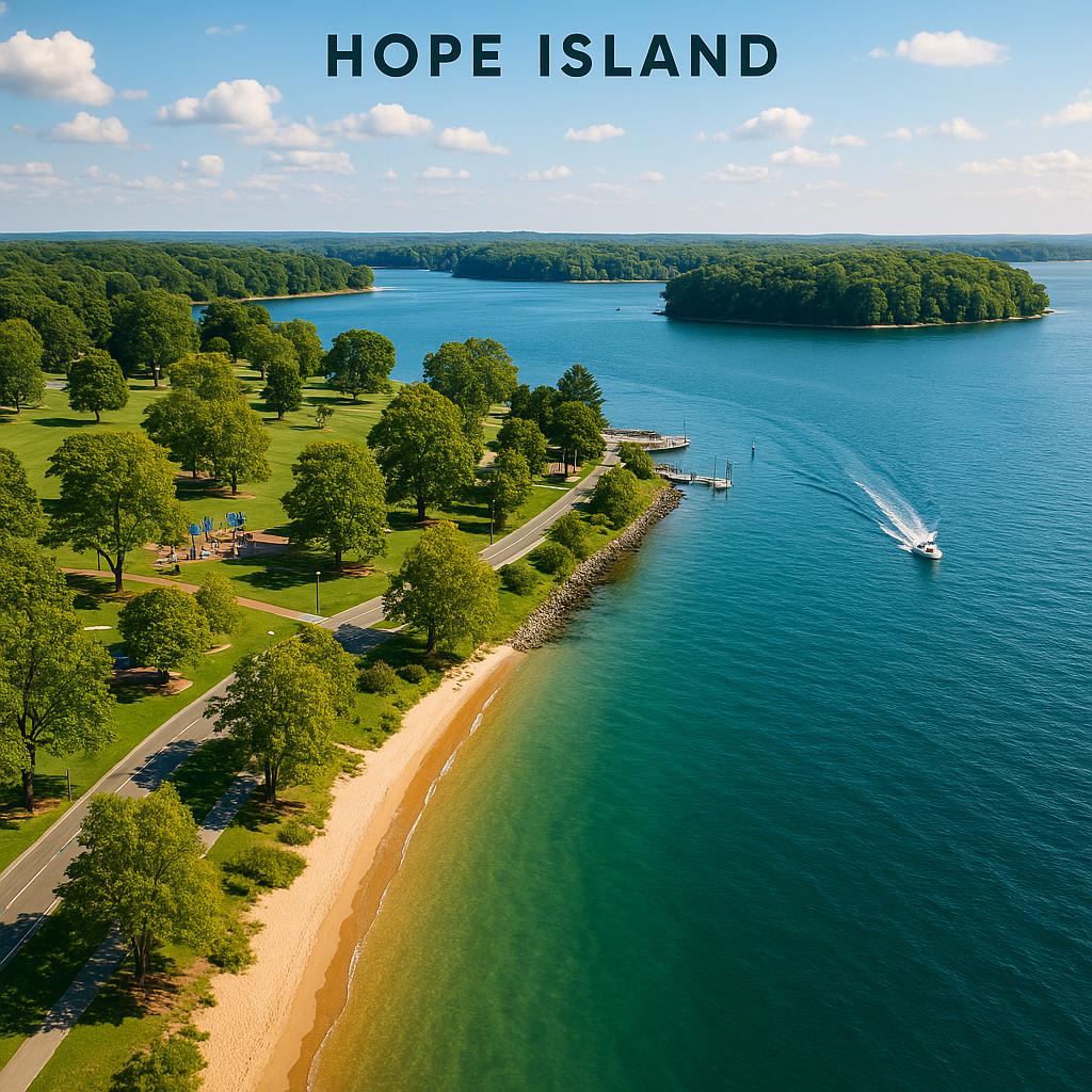 A beautiful coastal view from Hope Island with recreational areas in the foreground