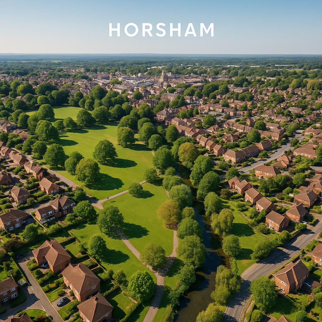 Aerial view of Horsham suburb with green spaces