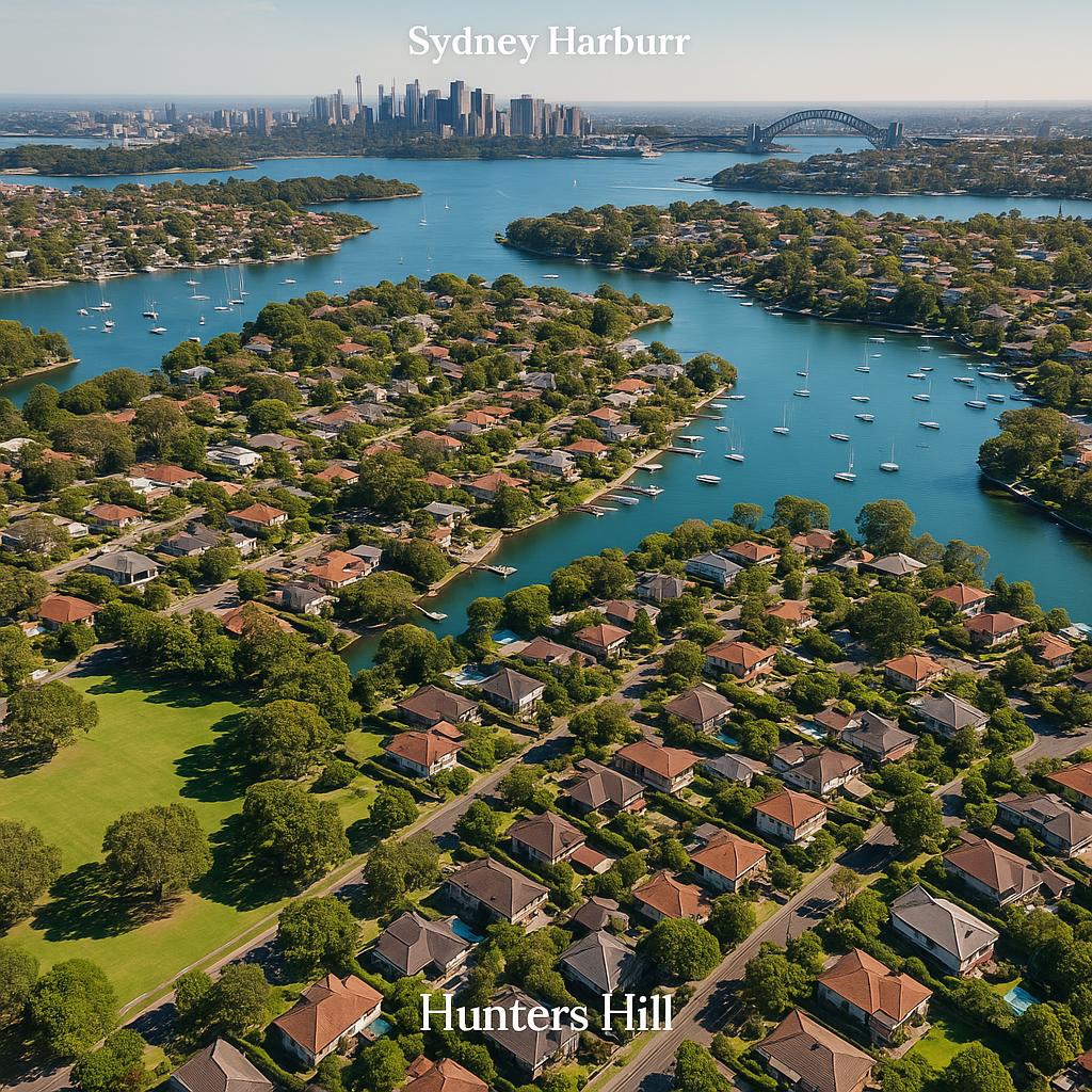 Aerial view of Hunters Hill with green parks and Sydney Harbour