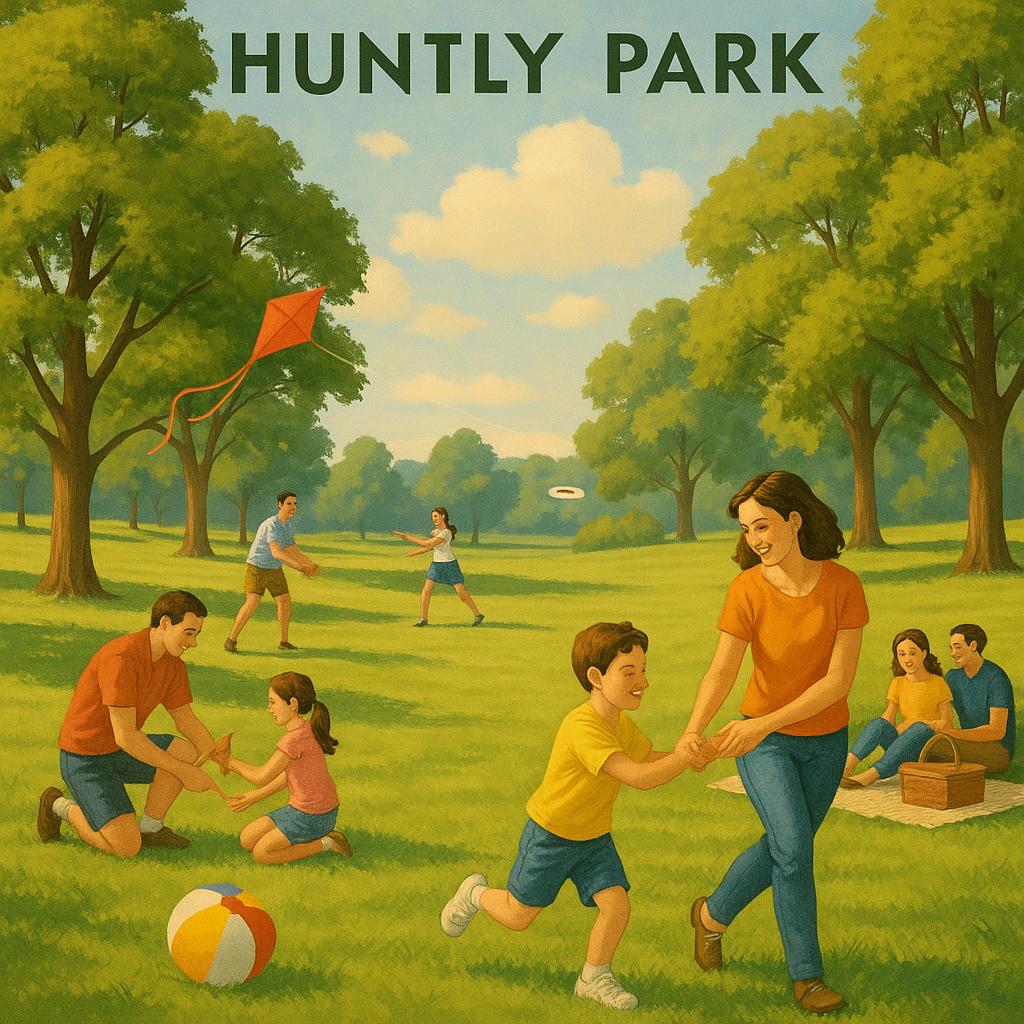 Families enjoying Huntly Park's recreational spaces.