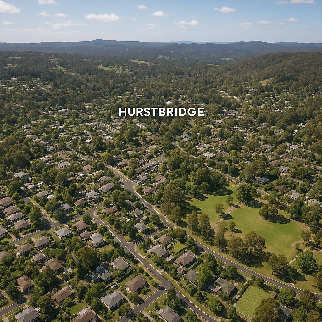 Aerial view of Hurstbridge suburb with green spaces.