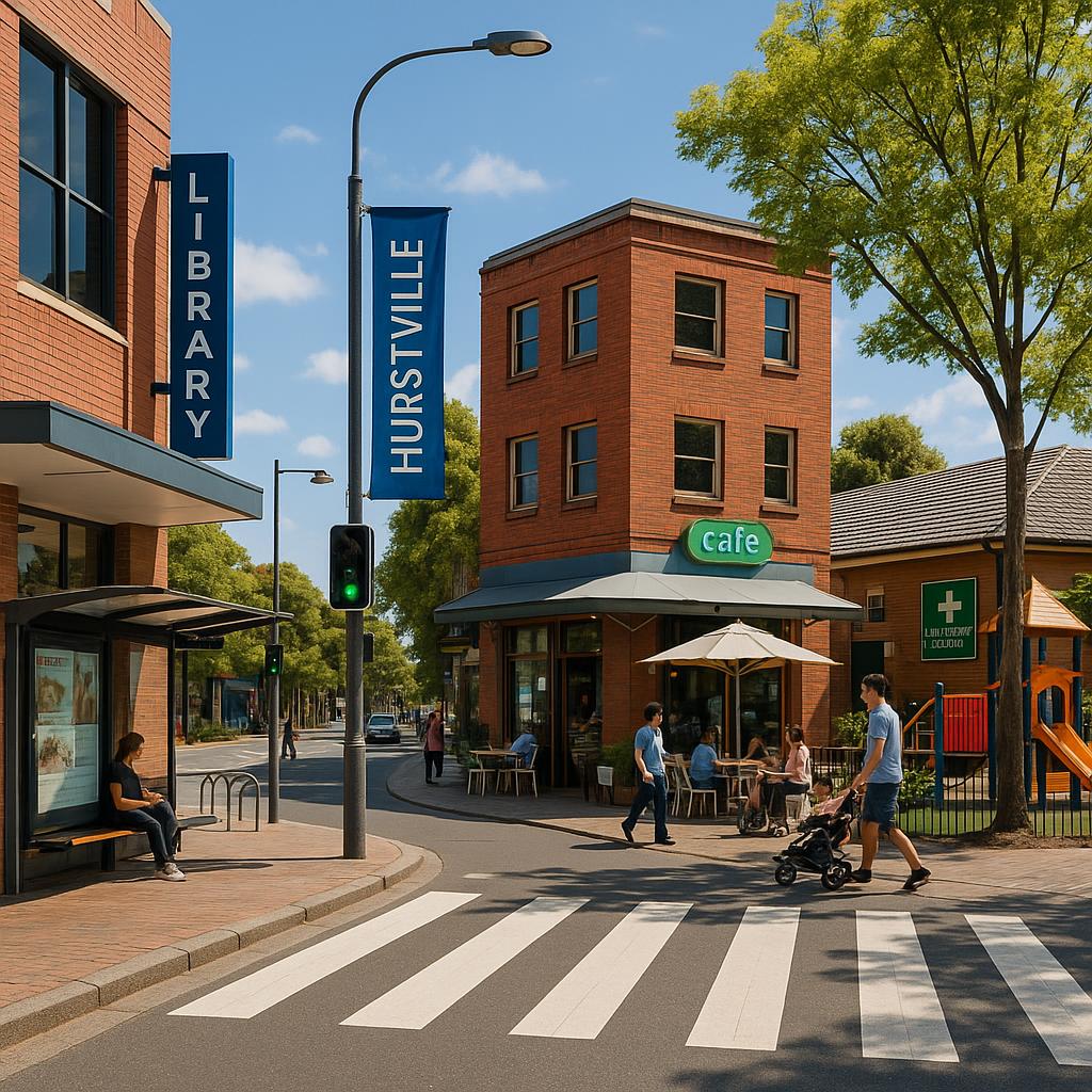 A bustling street scene in Hurstville with shops and cafes