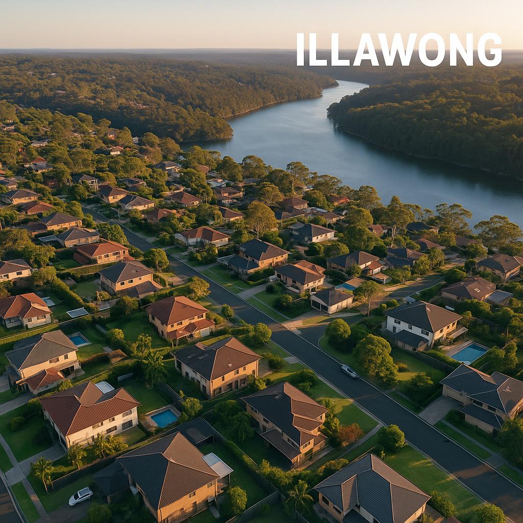 Aerial view of Illawong with spacious homes and river